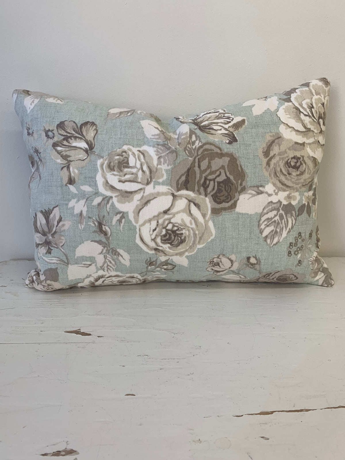 Romantic Floral Celadon and Grey Lumbar Throw Pillow PENNEY & COMPANY